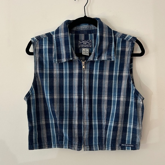 No Excuses Plaid Denim Zip Up Sleeveless Top - Picture 2 of 8